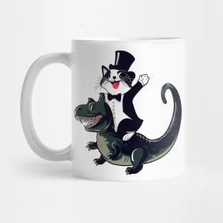 Happy cat riding a dinosaur vector funny design for cats and dinosaurs lovers Mug